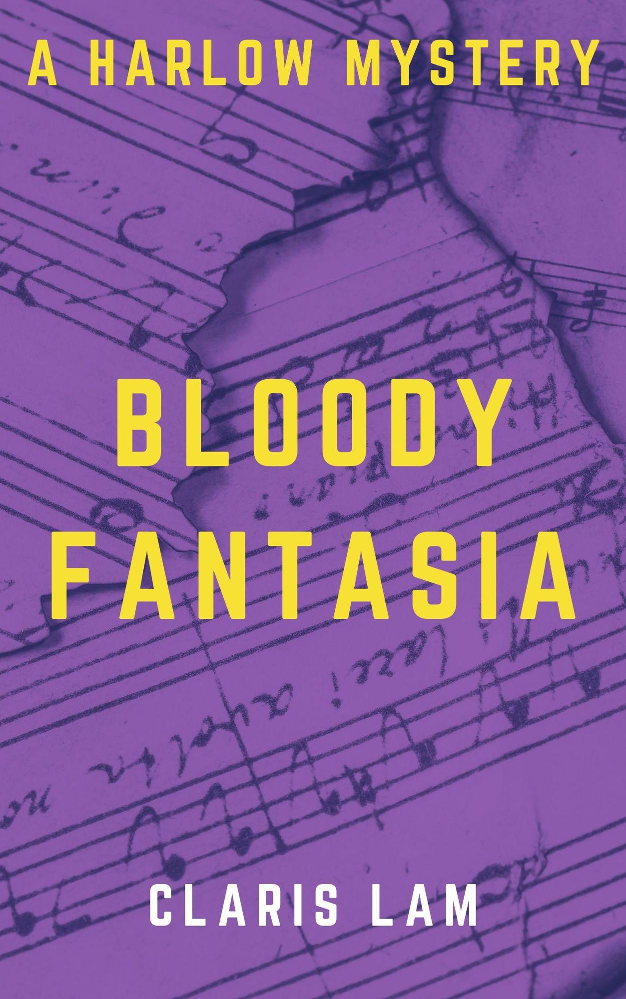 Cover for Bloody Fantasia. Handwritten musical notation / sheet music is torn up and scattered.