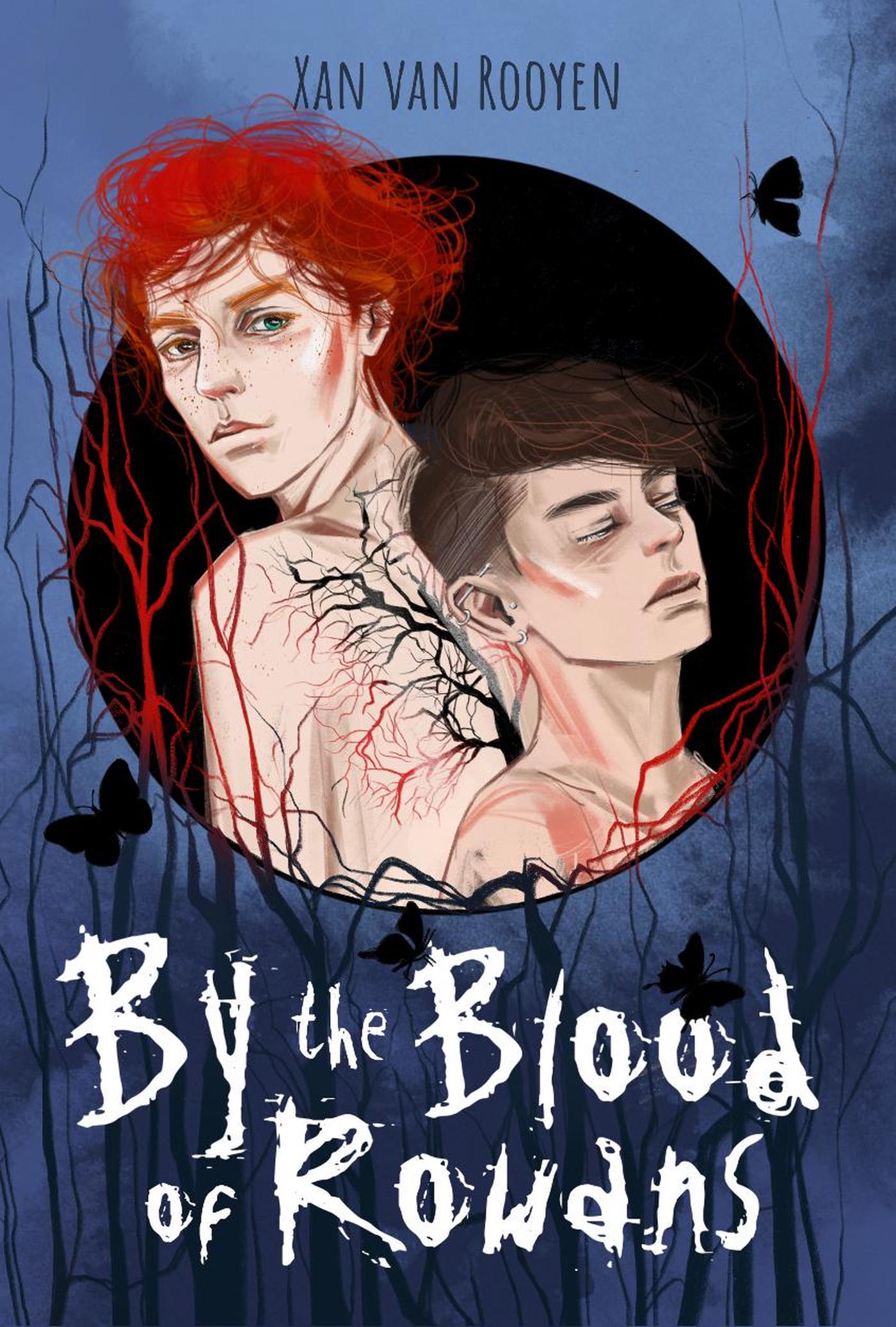 Cover for By the Blood of Rowans. Two men stand back to back, each looking hopeless, each naked, exposing wounds and a dark tree tattoo across the back of one of them. They stand among a dark forest.