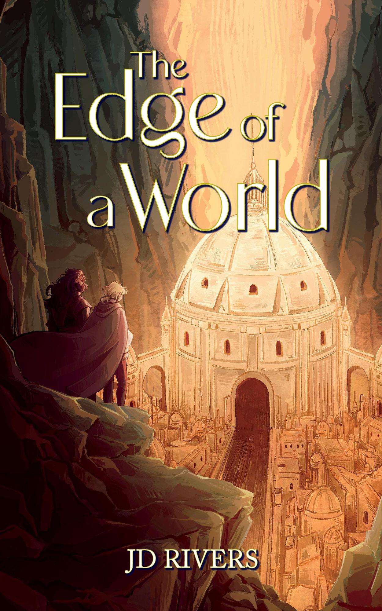 Cover for The Edge of the World. Illustrated. Two adventurers stand on the edge of a cliff and look down at a giant city situated at the bottom of the cliff.