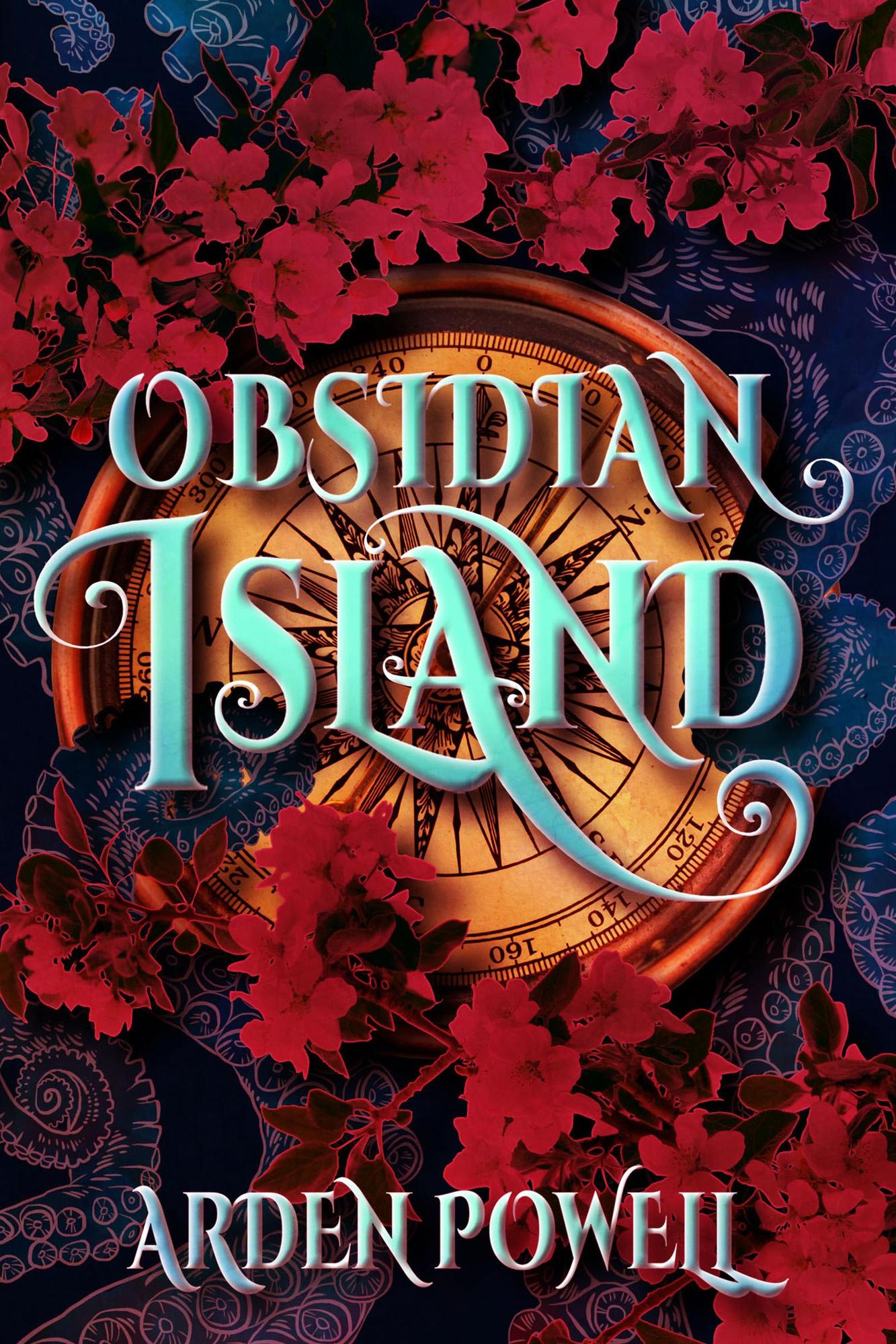 Cover for Obsidian Island. A large compas is surrounded by tentacles and red posies.