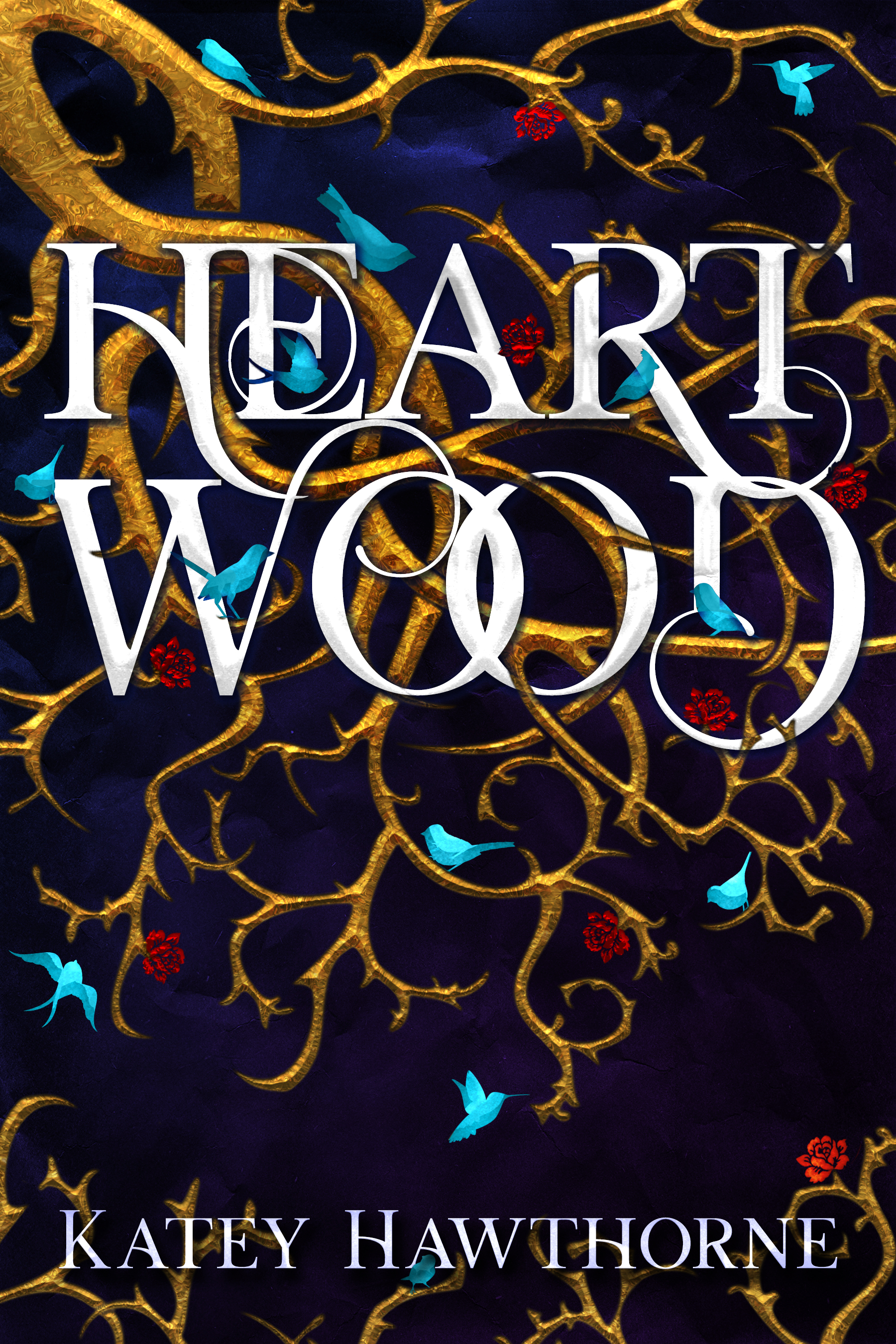 Cover for Heat Wood. A dark and forbidding background with golden branches intertwining with each other and the title of the book, among the twisting tangled branches are bright red flowers and blue humming birds.